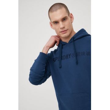 Superdry hanorac de bumbac barbati, culoarea albastru marin, cu imprimeu