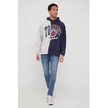 Tommy Jeans hanorac de bumbac barbati, culoarea albastru marin, melanj