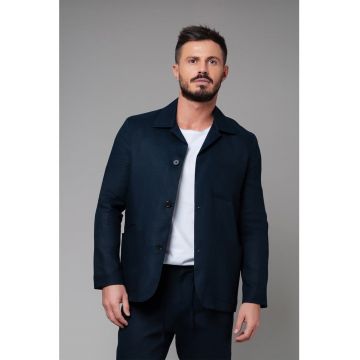 Sacou casual din in cu buzunare aplicate