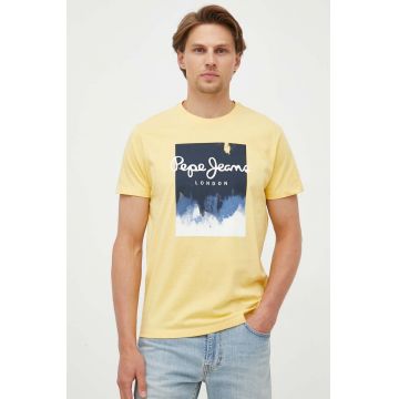 Pepe Jeans tricou din bumbac culoarea galben, cu imprimeu