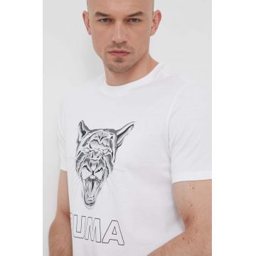 Puma tricou din bumbac culoarea alb, cu imprimeu