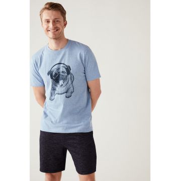 Bluza de pijama de bumbac cu maneci scurte si imprimeu grafic
