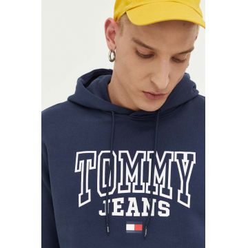 Tommy Jeans hanorac de bumbac barbati, culoarea albastru marin, cu glugă, cu imprimeu