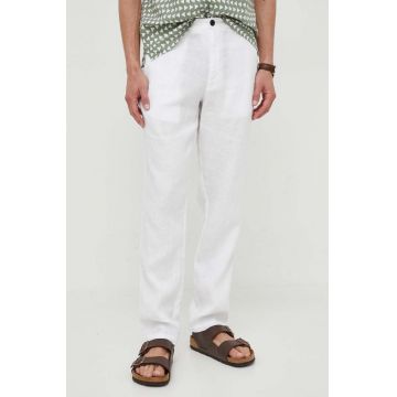 Sisley pantaloni din in barbati, culoarea alb, drept