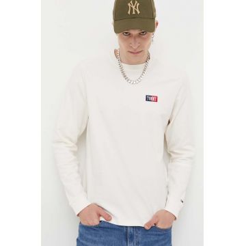 Tommy Jeans longsleeve din bumbac culoarea bej, cu imprimeu
