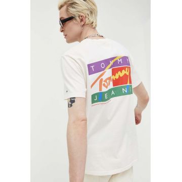 Tommy Jeans tricou din bumbac culoarea bej, cu imprimeu