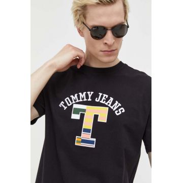 Tommy Jeans tricou din bumbac culoarea negru, cu imprimeu