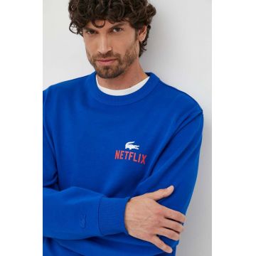 Lacoste hanorac de bumbac x Netflix bărbați, culoarea bleumarin, cu model SH7717-JQ0