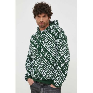 Lacoste hanorac de bumbac x Netflix barbati, culoarea verde, cu glugă, modelator