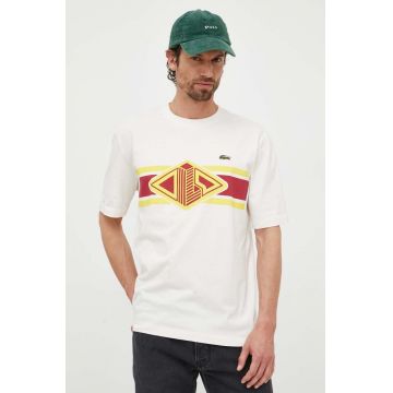 Lacoste tricou din bumbac culoarea bej, cu imprimeu
