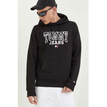 Tommy Jeans hanorac de bumbac barbati, culoarea negru, cu glugă, cu imprimeu