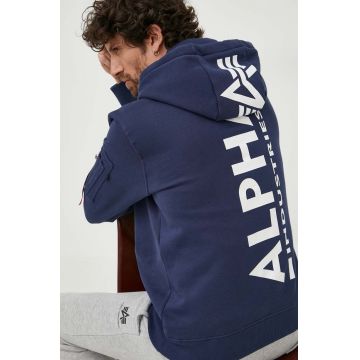 Alpha Industries bluza barbati, culoarea albastru marin, cu glugă, cu imprimeu
