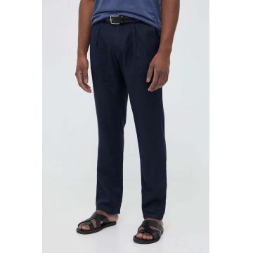 Sisley pantaloni din in culoarea albastru marin, drept