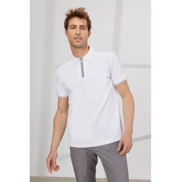 Tricou polo din amestec de bumbac cu fenta cu fermoar - Alb