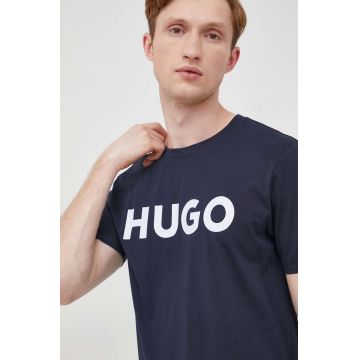 HUGO tricou din bumbac culoarea albastru marin, cu imprimeu