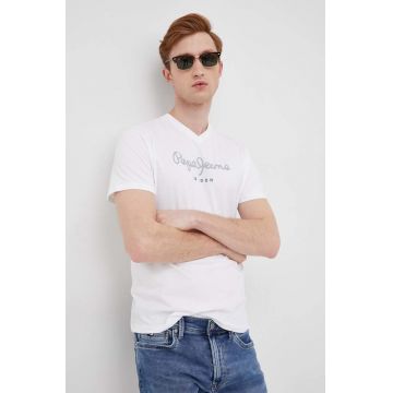 Pepe Jeans tricou din bumbac Eggo V N culoarea alb, cu imprimeu