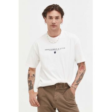 Abercrombie & Fitch tricou din bumbac culoarea bej, cu imprimeu