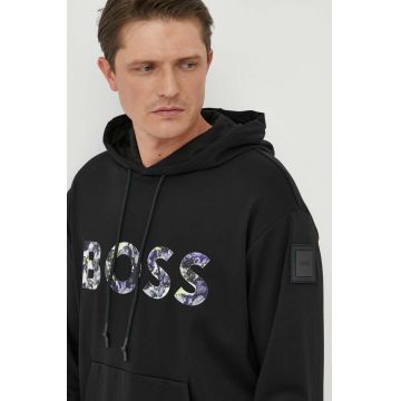 BOSS hanorac de bumbac BOSS GREEN barbati, culoarea negru, cu glugă, cu imprimeu