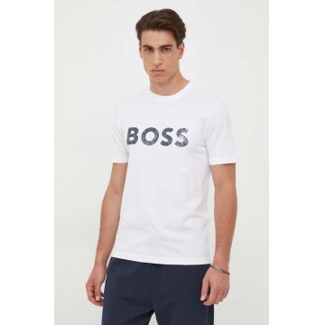 BOSS tricou din bumbac BOSS GREEN culoarea alb, cu imprimeu
