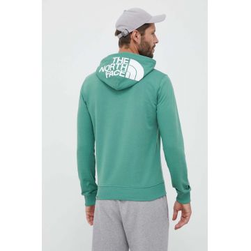 The North Face hanorac de bumbac barbati, culoarea verde, cu glugă, neted