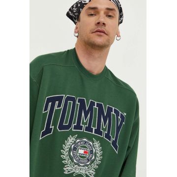 Tommy Jeans hanorac de bumbac barbati, culoarea verde, cu imprimeu
