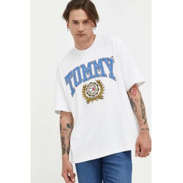 Tommy Jeans tricou din bumbac culoarea bej, cu imprimeu