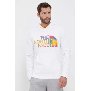 The North Face hanorac de bumbac barbati, culoarea alb, cu glugă, cu imprimeu