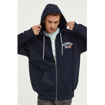 Tommy Jeans bluza barbati, culoarea albastru marin, cu glugă, cu imprimeu