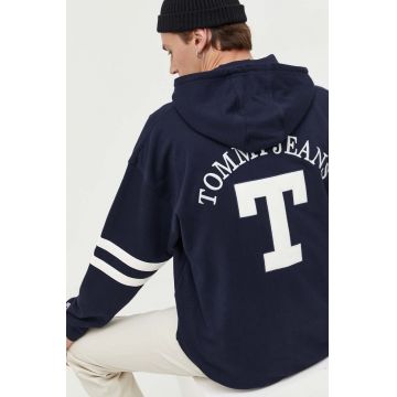 Tommy Jeans hanorac de bumbac barbati, culoarea albastru marin, cu glugă, cu imprimeu