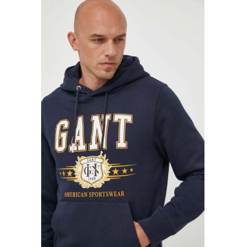 Gant bluza barbati, culoarea albastru marin, cu glugă, cu imprimeu