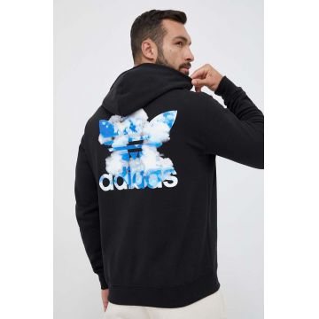 adidas Originals hanorac de bumbac barbati, culoarea negru, cu glugă, cu imprimeu