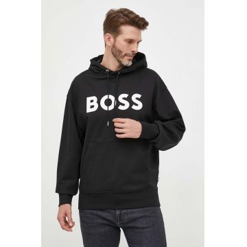 BOSS hanorac de bumbac barbati, culoarea negru, cu glugă, cu imprimeu