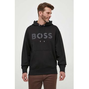 BOSS hanorac de bumbac barbati, culoarea negru, cu glugă, cu imprimeu