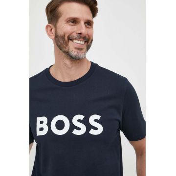 BOSS tricou din bumbac culoarea albastru marin, cu imprimeu