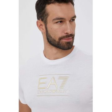 EA7 Emporio Armani tricou din bumbac culoarea alb, cu imprimeu