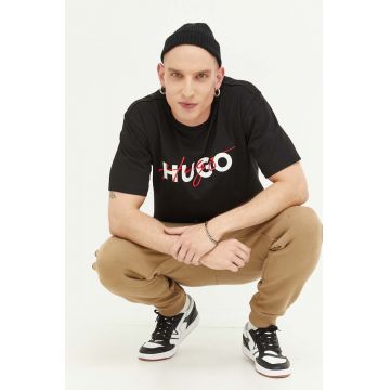 HUGO tricou din bumbac culoarea negru, cu imprimeu