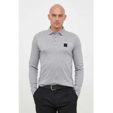 BOSS longsleeve din bumbac culoarea gri, neted