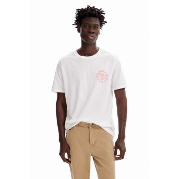 Desigual tricou din bumbac culoarea alb, cu imprimeu