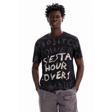 Desigual tricou din bumbac culoarea negru, cu imprimeu