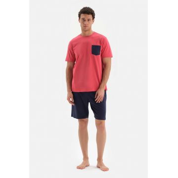 Pijama de bumbac cu pantaloni scurti si aspect contrastant