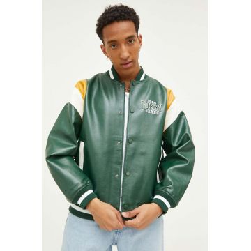 Tommy Jeans geaca bomber barbati, culoarea verde, de tranzitie, oversize