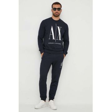 Armani Exchange pantaloni de trening din bumbac culoarea albastru marin, cu imprimeu