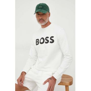 BOSS hanorac de bumbac BOSS ORANGE barbati, culoarea bej, cu imprimeu