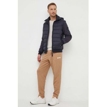 BOSS pantaloni de trening din bumbac culoarea bej, cu imprimeu