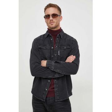 Karl Lagerfeld camasa jeans barbati, culoarea negru, cu guler clasic, regular