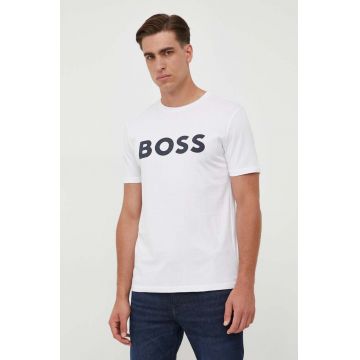 BOSS tricou din bumbac BOSS CASUAL barbati, culoarea bej, cu imprimeu, 50481923