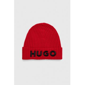 HUGO caciula de lana culoarea rosu, de lana, din tricot gros