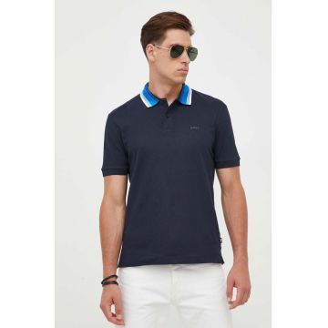 BOSS polo de bumbac culoarea albastru marin, neted
