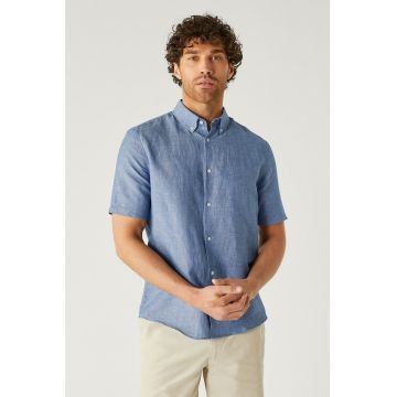 Camasa din amestec de in si bumbac cu maneci scurte - Albastru melange