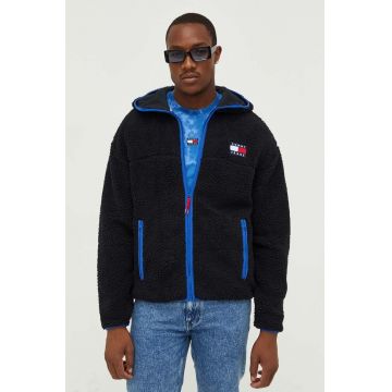 Tommy Jeans bluza barbati, culoarea negru, cu glugă, cu imprimeu